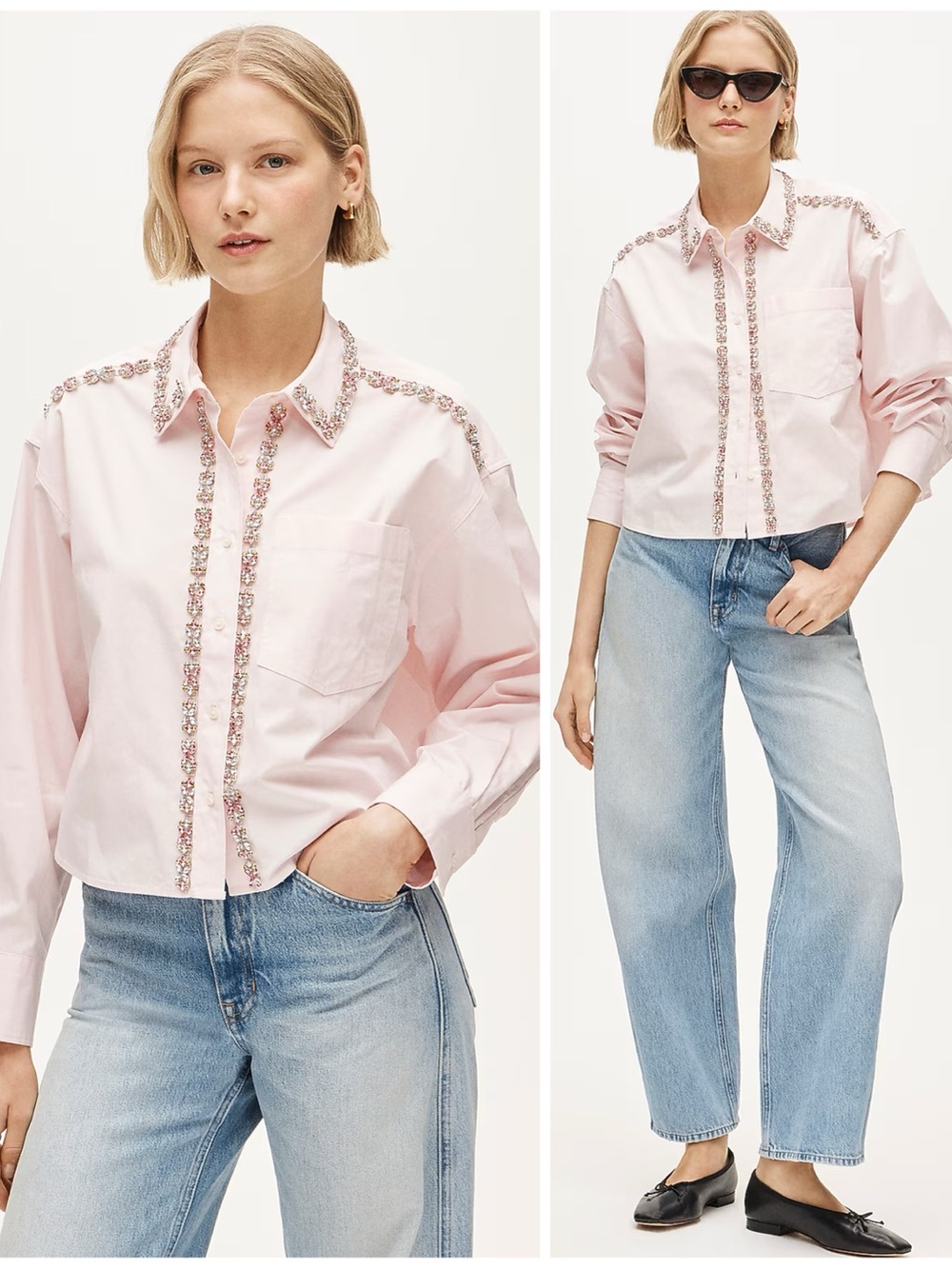 NWT J.Crew Etienne Cropped Embellished Shirt White Rose Pink